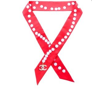 CHANEL Silk Pearl CC Slim Bandeau Scarf Red